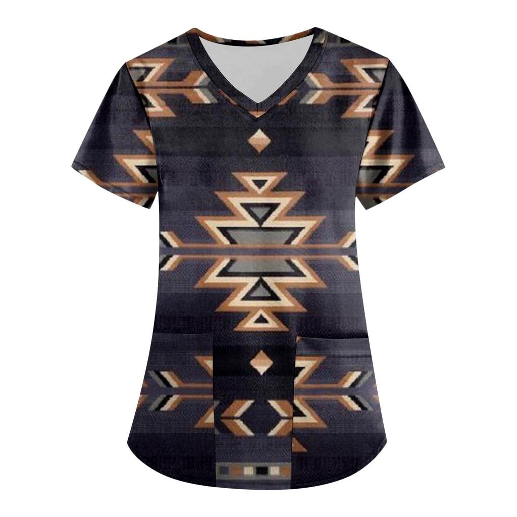 Women's Fashion Printing Short Sleeve V-neck Tops Working Pocket Blouse