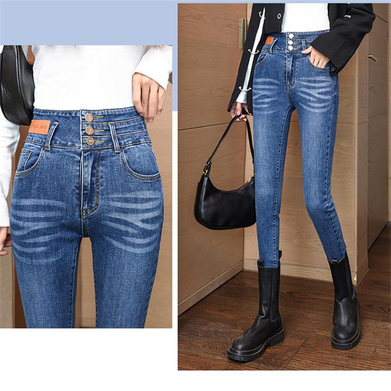2022 New Autumn Winter Korean Stytle simpleHigh Waist Jeans Slim Feet Denim Pencil Pants Retro High Street Fashion Harajuku Jean