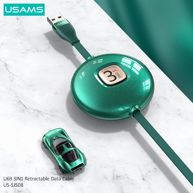 USAMS USB-кабель для зарядки 1 м 3 в 1 для iPhone, кабель Micro USB типа CData, выдвижной дизайн, USB-кабели для телефонов, аксессуары для телефонов