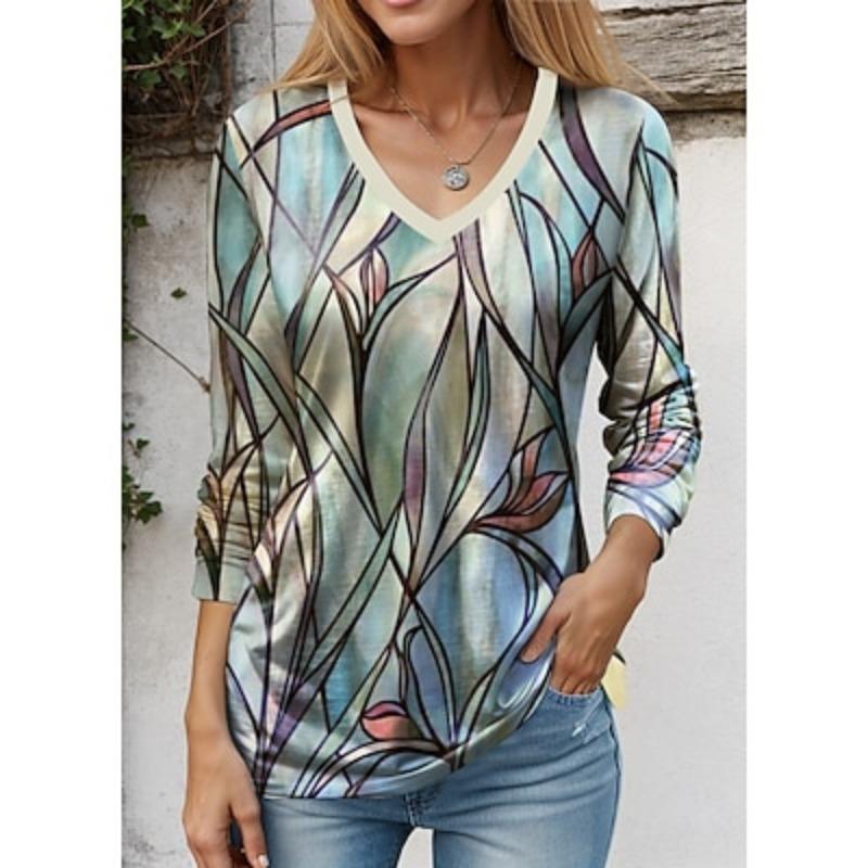 Women's T Shirt Tee Floral Animal Dragonfly Casual Holiday Pink Navy Blue Blue Print Long Sleeve Fashion V Neck Regular Fit Spring & Fall