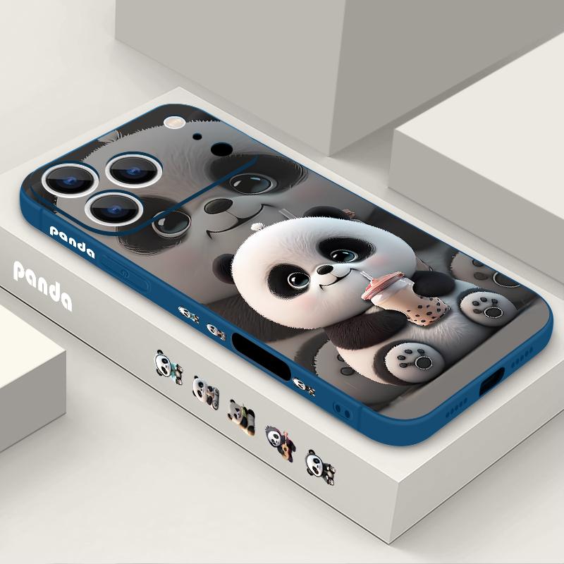 Чехол для iPhone 17 Pro Max с Пандой, пьющей молочный чай, с мягким силиконовым ремешком-шнурком, Чехол для iPhone 16 Pro Max, Чехол iPhone 15 14 13 12 11 16E Air