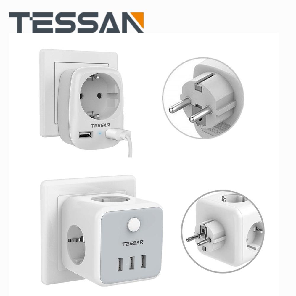 Tessan USB-разъем европейского стандарта с 1/3 розетками переменного тока, 2/3 USB-портами для зарядки и переключателем включения/выключения, дорожным адаптером для настенного зарядного устройства ЕС