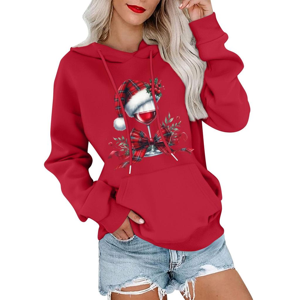 Women's Casual Comfortable Neck Hooded Long Sleeve Christmas Print Warm Sweatshirt