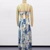 Women Vacation Dress Printed Patchwork Low-cut Square Neck Backless Sleeveless A-line Full Length Beach Maxi Dress Plus Size
