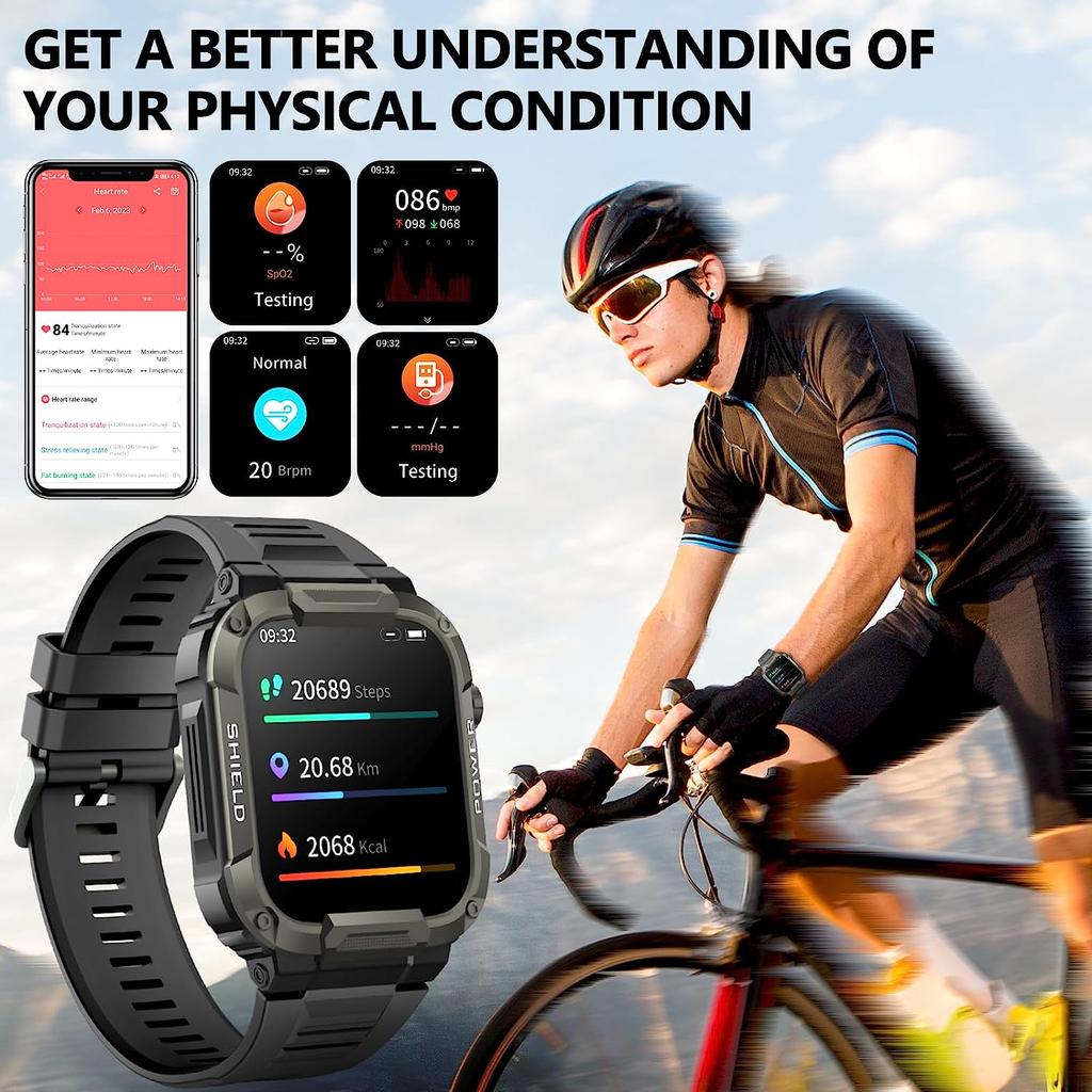 Smart Watch for Men Military Smart Watches IP68 Waterproof Smartwatch Bluetooth Call Outdoor Tactical Sports Rugged Fitness Tracker for iPhone Android