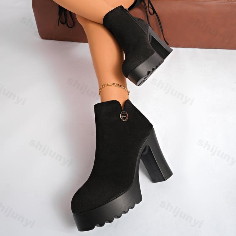 Осенние женские ботильоны на квадратном каблуке с молнией Повседневная женская обувь Кожаные ботинки Женские ботильоны на высоком каблуке Модные женские ботинки Botas Mujer