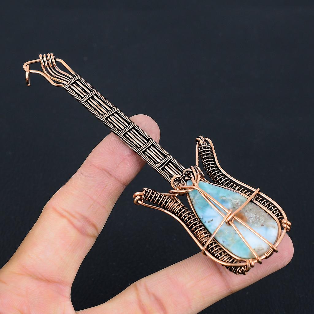 Republic Larimar Handmade Copper Wire Wrap Guitar Pendant 4.53 R9d69