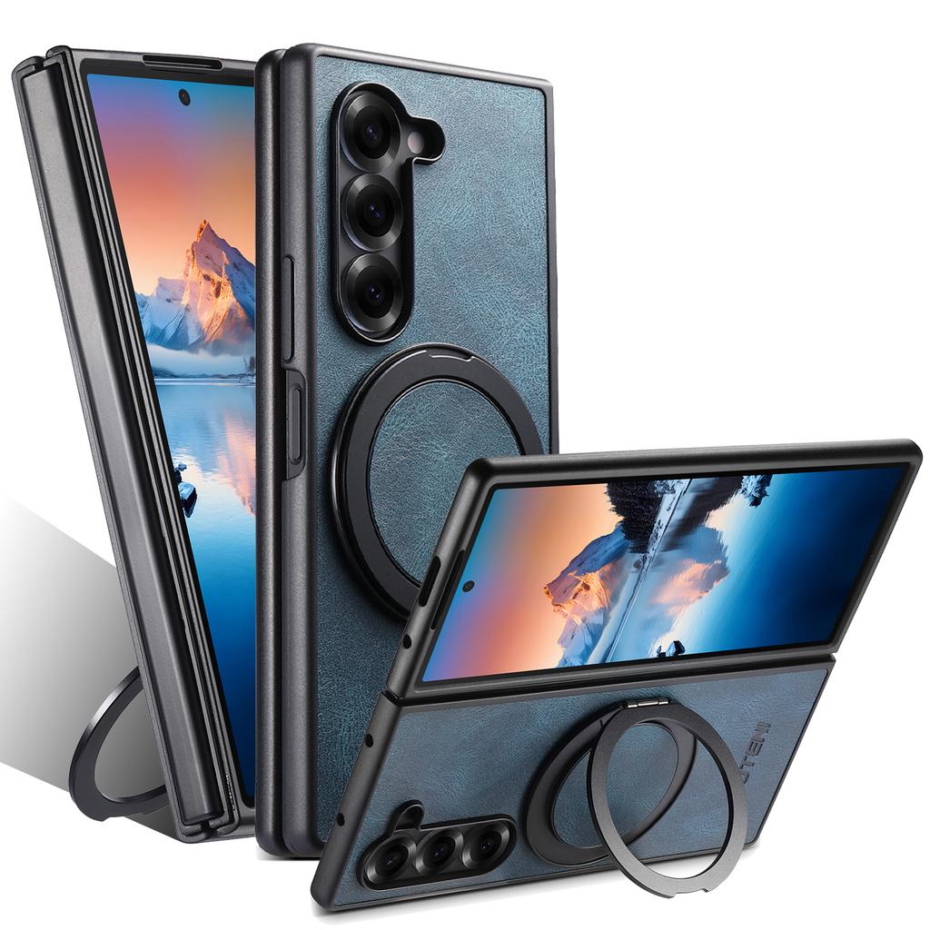 SUTENI G3 For Samsung Galaxy Z Fold5 5G Case Compatible with MagSafe Waxy Texture Rotating Kickstand Leather Phone Back Cover