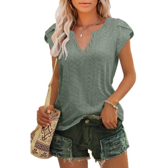 Женский топ с V-образным вырезом и лепестком, с короткими рукавами, жаккардовый тонкий однотонный