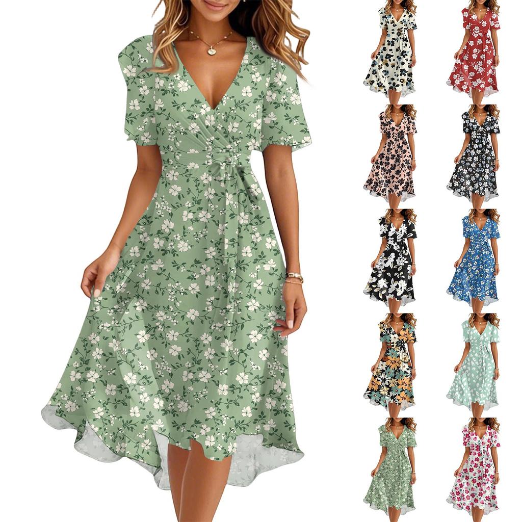 Women's Summer Fashion V-Neck Flared Dress Short Sleeve Floral Dresses