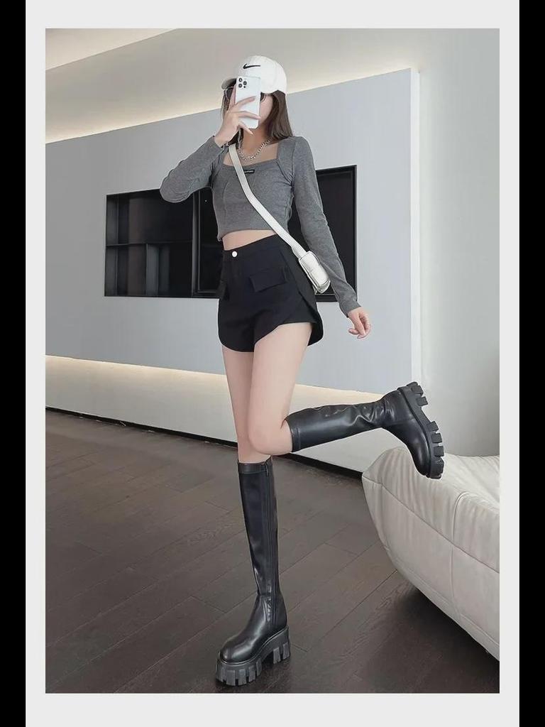 New High-Waist Wide-Leg A-Line Shorts for Petites - Casual, Black, All-Season.