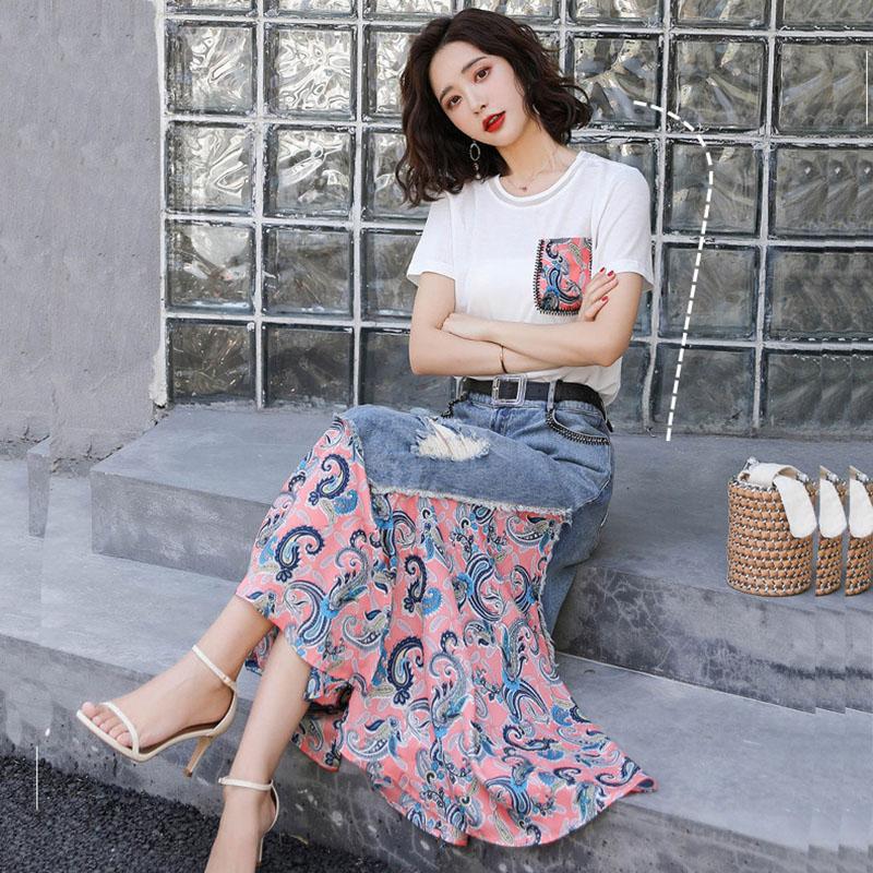 Floral Skirts Womens Medieval Pleated Long Goth Skirt A-LINE Irregular Denim Spliced Chiffon Jean Beach Maxi Skirt Y2k Summer