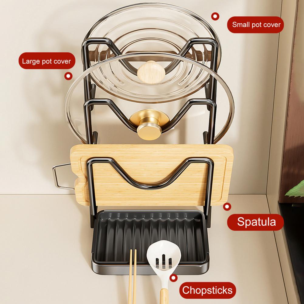Подставка для хранения крышек кухонных кастрюль, держатель для крышек кастрюль из углеродистой стали во время приготовления, подставка для крышек кастрюль с подставкой для ложки, съемный поддон для сбора капель