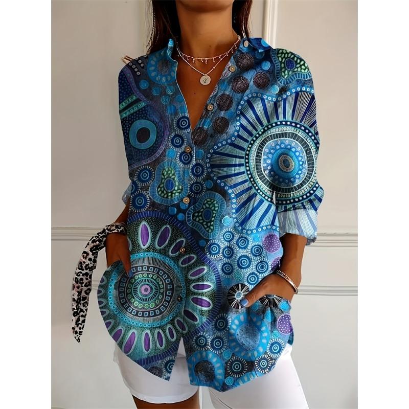Summer Fashion Women's Lapel Shirt Big Size Button Long Sleeve Daily Weekend V Neck Tops Floral Printed Loose Casual Shirt