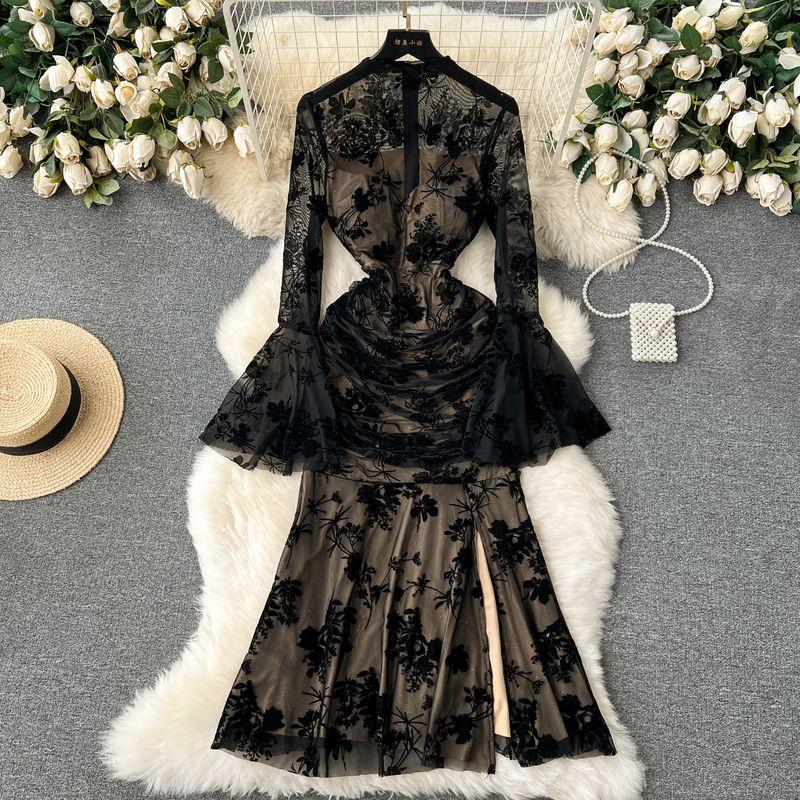 Fancy Adult Lady like Woman Wear Sexy See-through Mesh Flared Sleeves Retro Print Silm Split Fishtail Skirt Dress