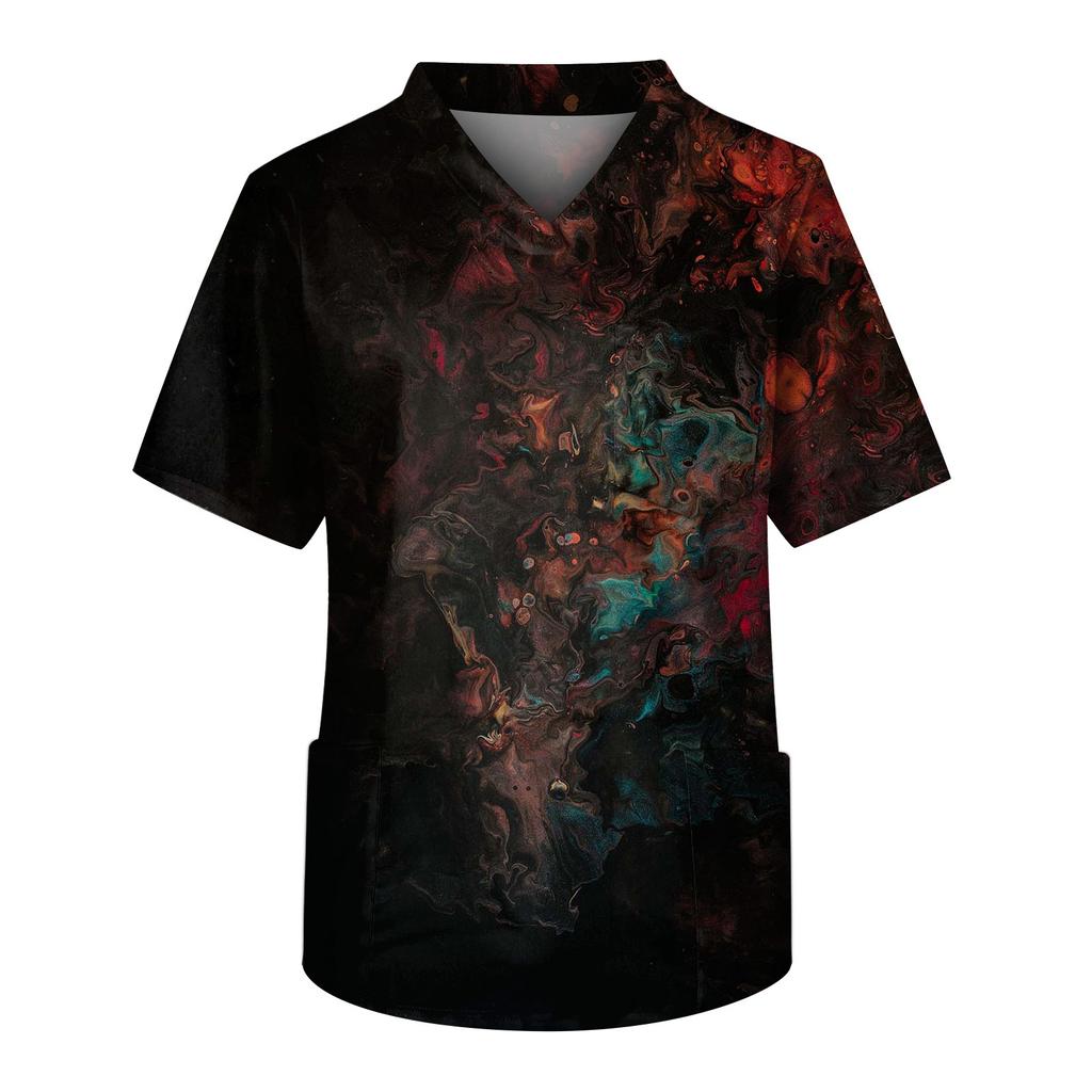 Мужская рабочая блузка с короткими рукавами и v-образным вырезом с принтом, топ с нагрудным карманом