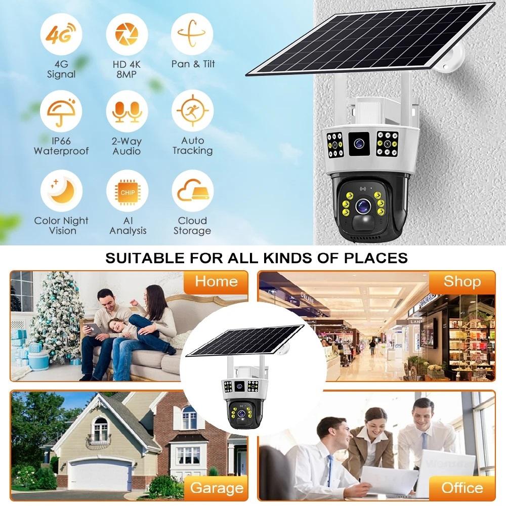 Камера видеонаблюдения с тремя экранами на солнечной батарее, 360°, наружная, день и ночь, полноцветная, с мобильным телефоном, удаленная, с Wi-Fi/4G, беспроводная камера