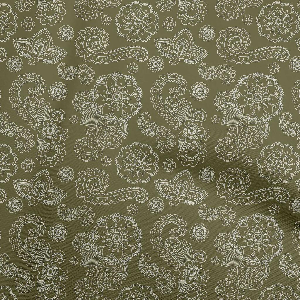 oneOone Cotton Flex Dark Olive Green Fabric Asian Paisley Quilting Supplies Print Sewing Fabric By The Yard 40 Inch