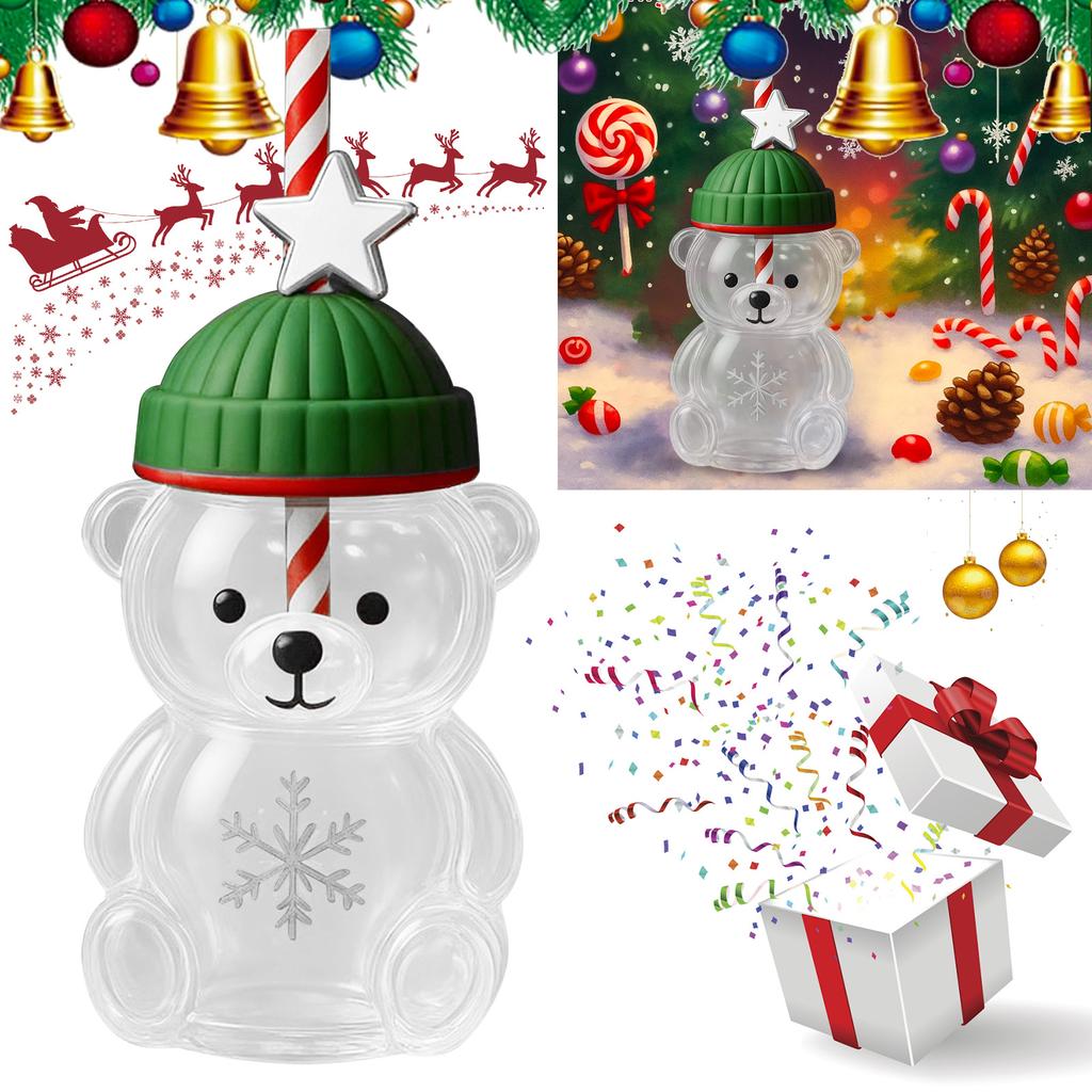 Кружка с соломинкой из стекла в форме медведя: Милый прозрачный дизайн, зеленая шляпа, стакан для воды