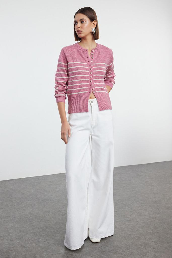 Women's Fashionable Stylish Cardigan Dusty Rose Soft Textured Crew Neck Jacket Look Knitwear Cardigan