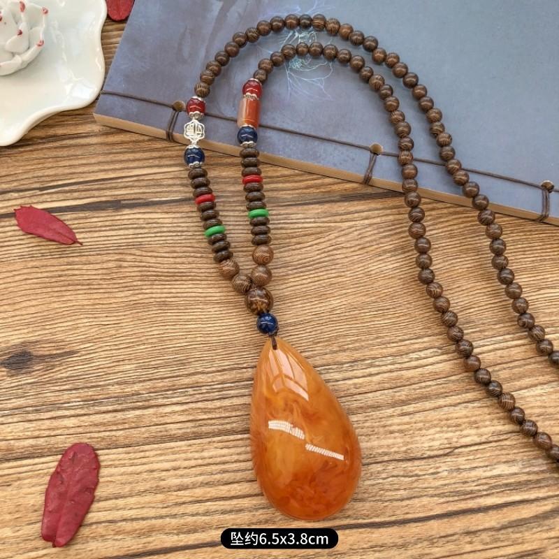 Ретро куриное крыло дерево второе поколение старое восковое ожерелье мужчины и женщины универсальный янтарный кулон длинная цепочка для свитера кулон