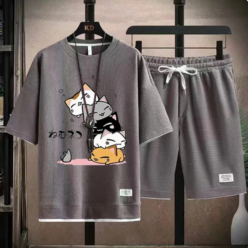 2024 Мужской летний вафельный комплект, брендовая мода, повседневный комплект из футболки и шорт, мужской спортивный комплект, свободный, удобный, комплект из двух предметов