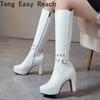 Sexy Autumn Winter Knee-Length Women Boots Round Toe Zip Metal Decoration High Heels Shoes Long Boots Black White Beige
