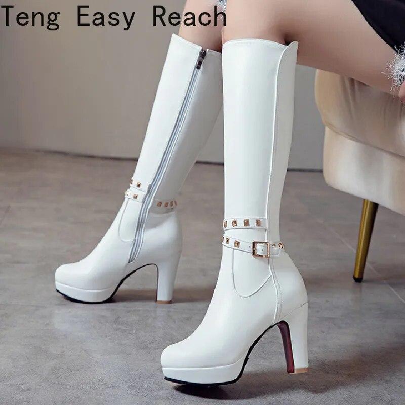 Sexy Autumn Winter Knee-Length Women Boots Round Toe Zip Metal Decoration High Heels Shoes Long Boots Black White Beige