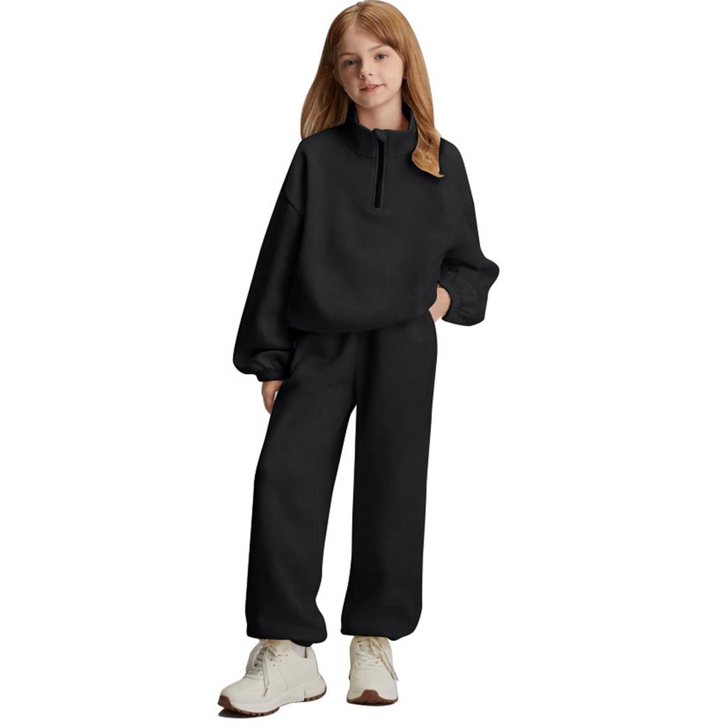 Girls' High-Neck Half-Zip Sweatshirt + Long Pants Sports Fleece Casual Children's Set