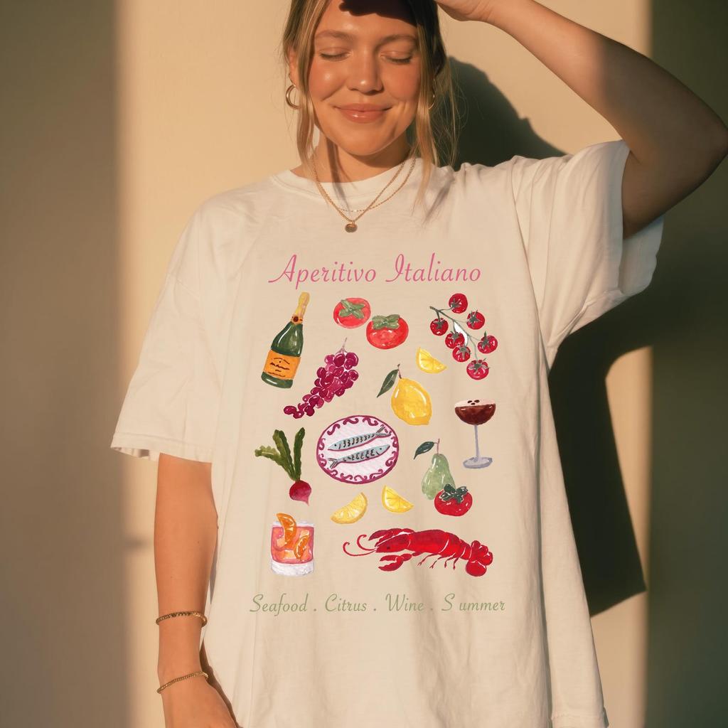 Aperitivo Italiano Shirt and kids tshirt, Italian Summer Seafood Tee, Mediterranean Foodie Vacation T-Shirt and kids tshirt, Unisex Comfort Colors®