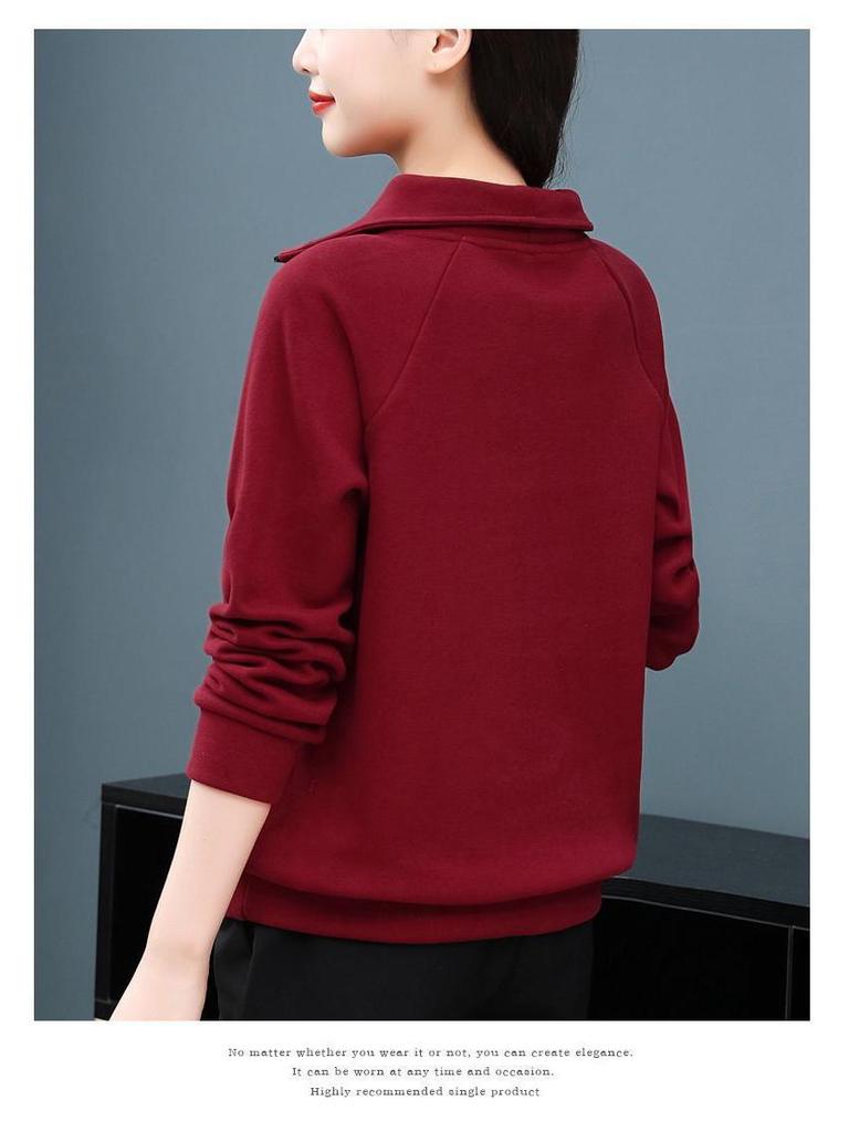 Женский флисовый свитшот большого размера с воротником-стойкой на осень/зиму 2025 - Повседневная куртка свободного кроя красного цвета