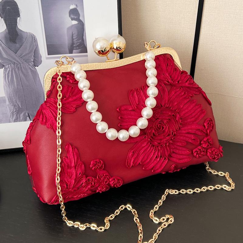 Classic Women Mesh Flower Wedding Lock Shell Clip Shoulder Bags White Crossbody Bags Prom Pearl Clutch Chain Handbags And Purses