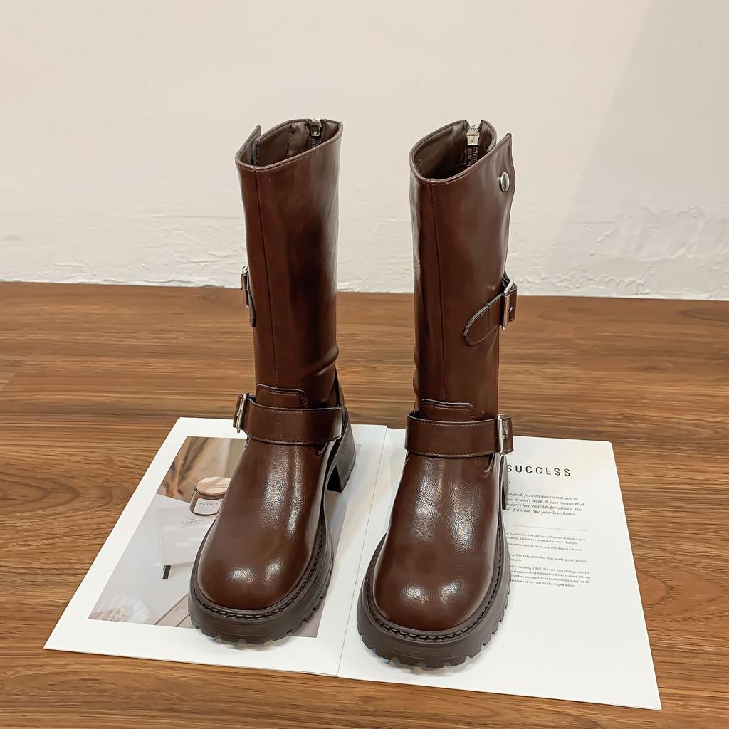 2025 зима новые сапоги-рыцари с длинным голенищем до колена на толстой подошве, сапоги крутые женские сапоги с ремешком с пряжкой, сапоги в стиле ретро, корейская версия