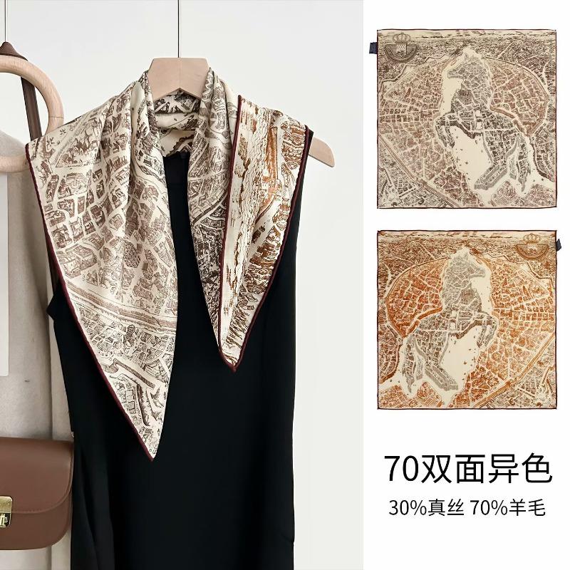 Colored leaves double-sided heterochrome silk wool silk scarf women's new thermal shawl light luxury versatile silk wool scarf