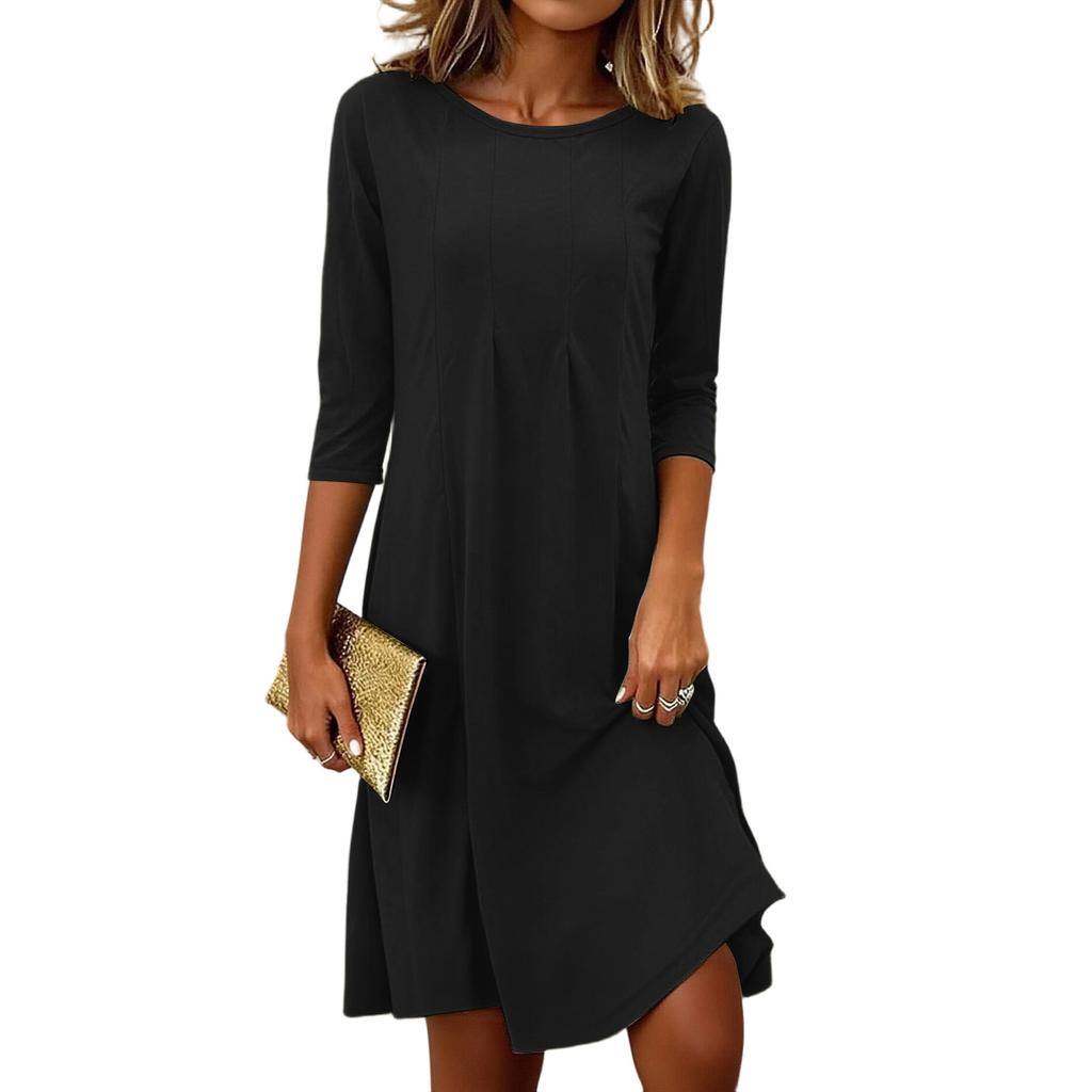 Women's Fashionable And Elegant Pleated Round Neck Three-quarter Sleeve Dress