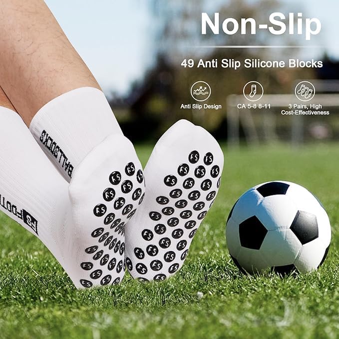 Football Socks Non Slip 3 Pack Sports Grip Socks Men Women Youth White
