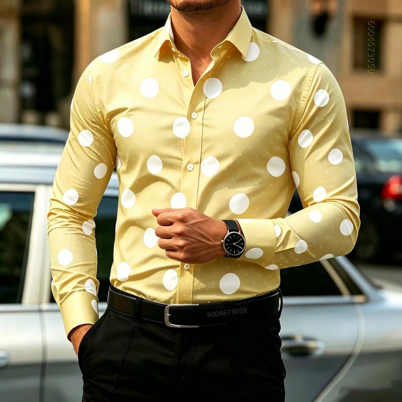 Мужская рубашка в горошек с длинным рукавом, приталенная, для стиля business casual, модный топ для активного отдыха