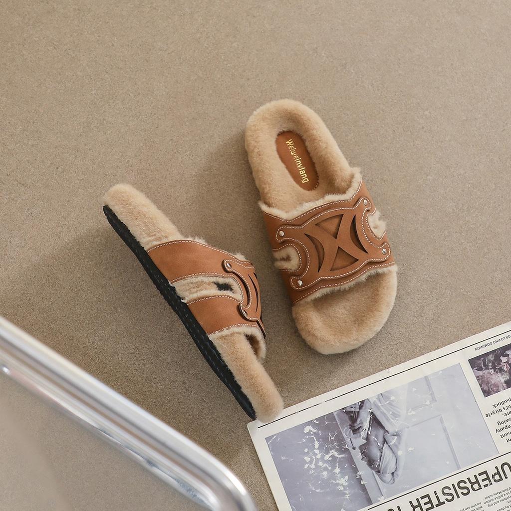 2024 Autumn Woman Faux Wool Insole Flat Slippers Brown Round Head Open Toe Slingback Slippers Female Casual Plush Fur Slippers