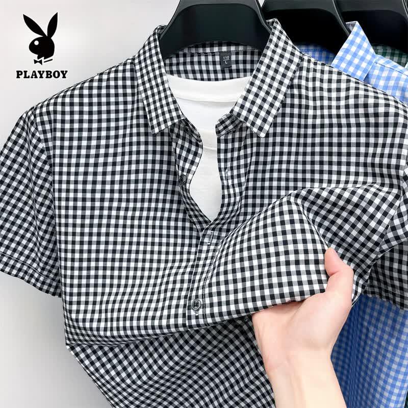 PLAYBOY Мужская клетчатая хлопковая рубашка с коротким рукавом