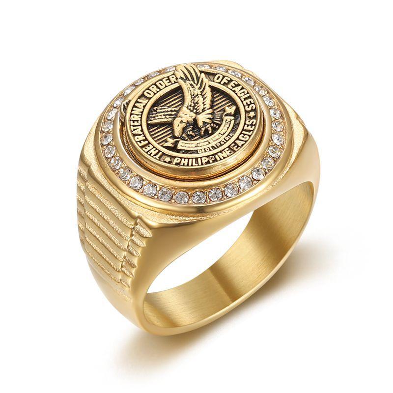 Stainless Steel Vacuum Gold-plated Diamond Inlaid Filipino Eagle Domineering Men's Ring