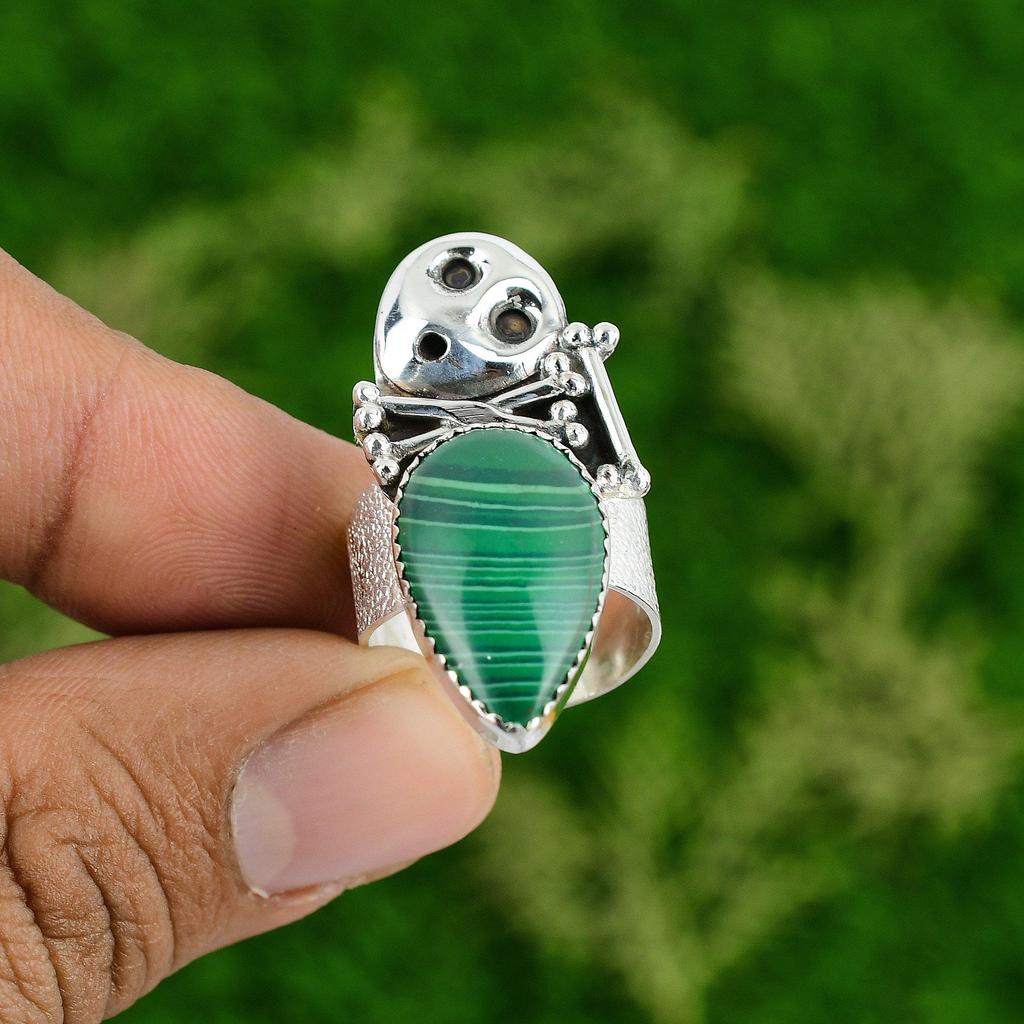 925 Silver Natural Russian Malachite Promise Skull And Bone Adjustable Ring