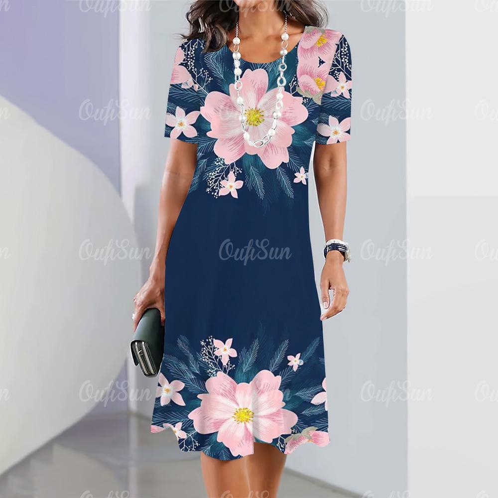 Новые женские платья, элементы 3D-цветочной печати, элегантные повседневные платья с коротким рукавом, модные женские платья больших размеров 2024 года