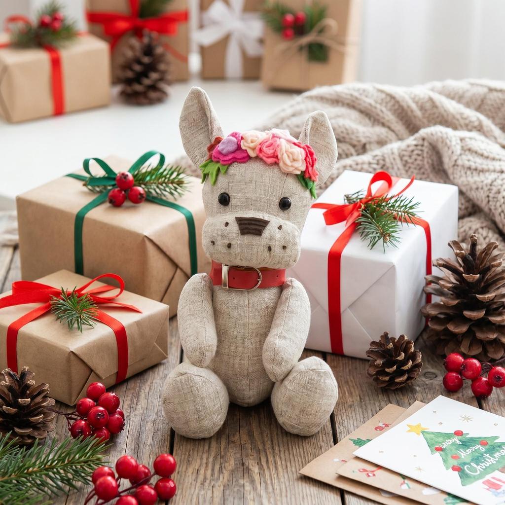 Christmas Linen Fabric French Bulldog Doll Ornament with Wreath - Exquisite Soft-Filled Puppy Figurine
