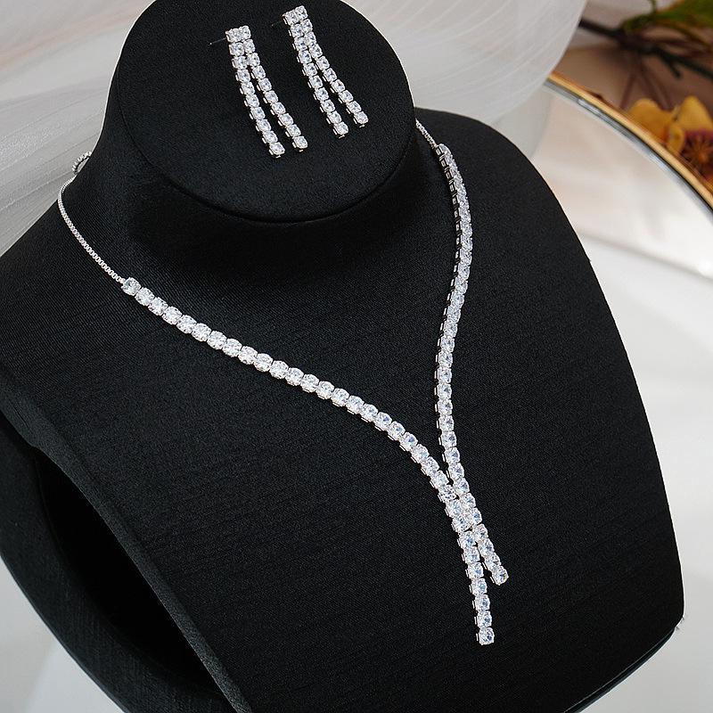 Simple Geometric Cubic Zirconia Necklace Earrings For Women Wedding Bridal Jewelry Sets Accessories