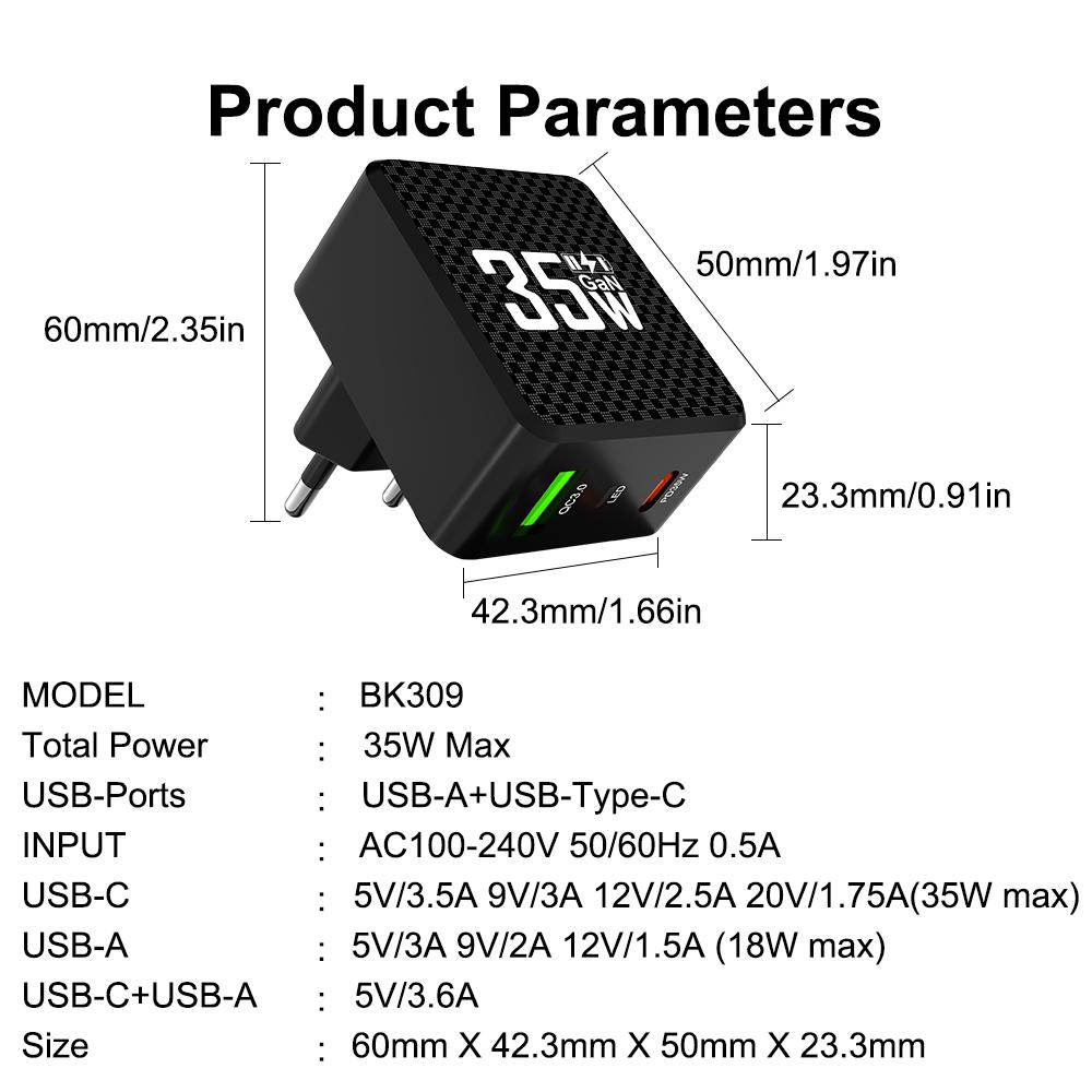 2 Ports Mini 35W GaN USB Type C Charger QC3.0 Portable Fast Charging For 14 Pro 13 Samsung KR/EU/US/UK Plug