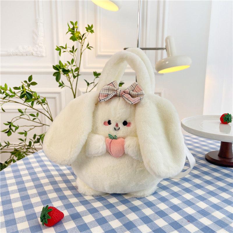 Women's Cartoon Style Bag with Cute Avocado Cat Design; Sweet Peach Rabbit Plush Crossbody Bag Ideal for Girls Gift.