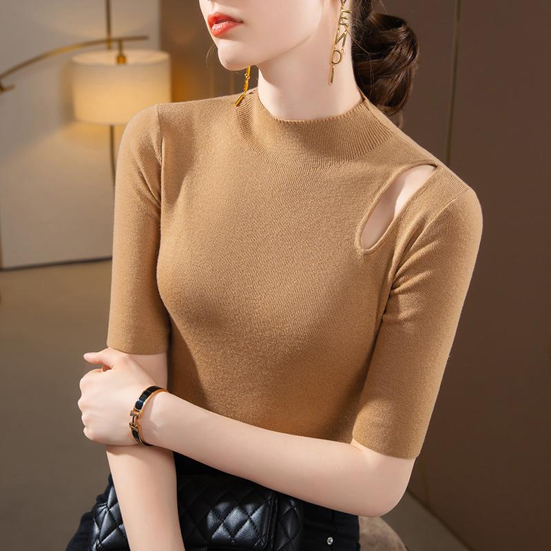 Женская вязаная базовая рубашка с полувысоким воротником, новинка женской одежды, сексуальный ажурный свитер со средним рукавом, тонкий внутренний топ