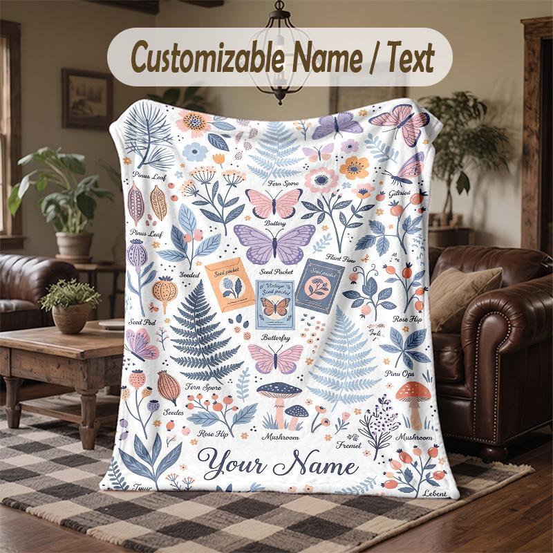 Floral Nature Illustration Theme Throw Blanket Custom Name Text Personalized Blanket Soft Cozy Blanket for Home Sofa Bed