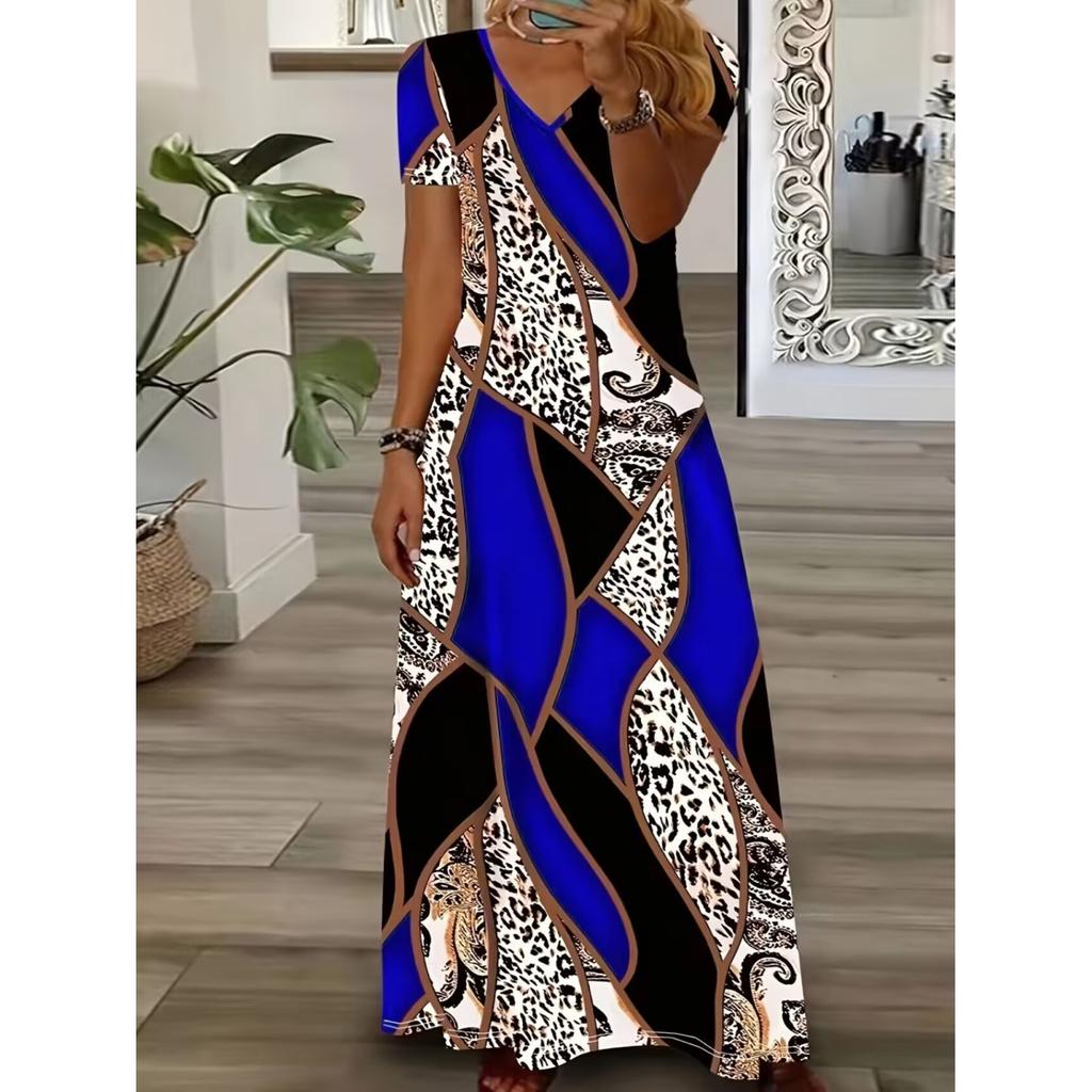 Женское летнее макси-платье с V-образным вырезом, короткими рукавами и длинным подолом, повседневное платье в этническом стиле с принтом в стиле бохо