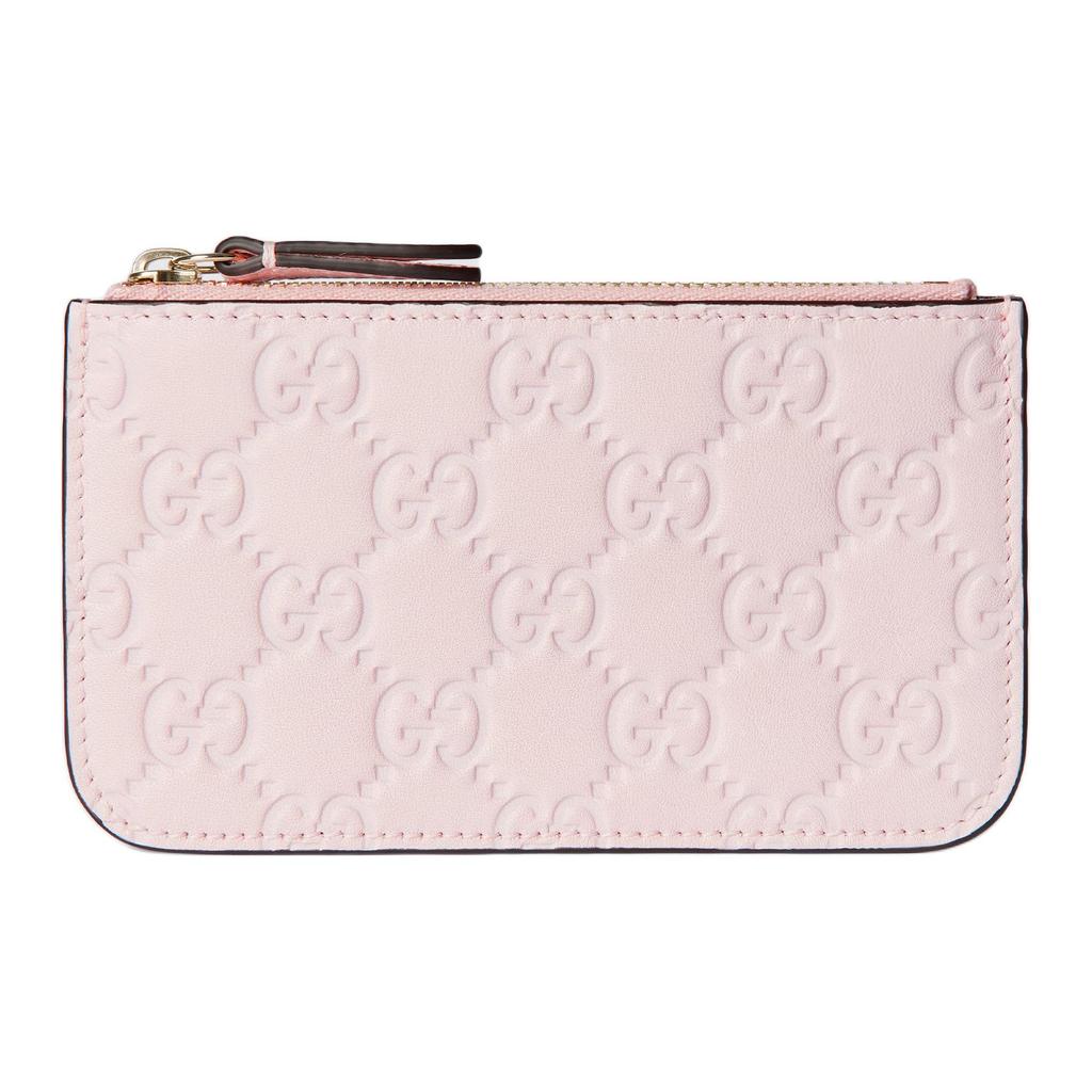 Gucci GG Embossed Light Pink Leather Card Holder, Gold Hardware Zip Closure, Women's Daily Travel Coin Purse 847205-AAFDV-5734